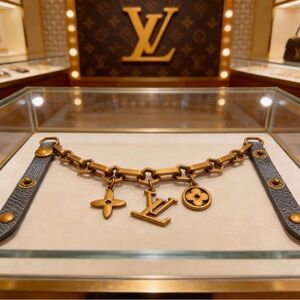 Louis Vuitton Gold-Tone Charm Bracelet with Gray Leather Straps
